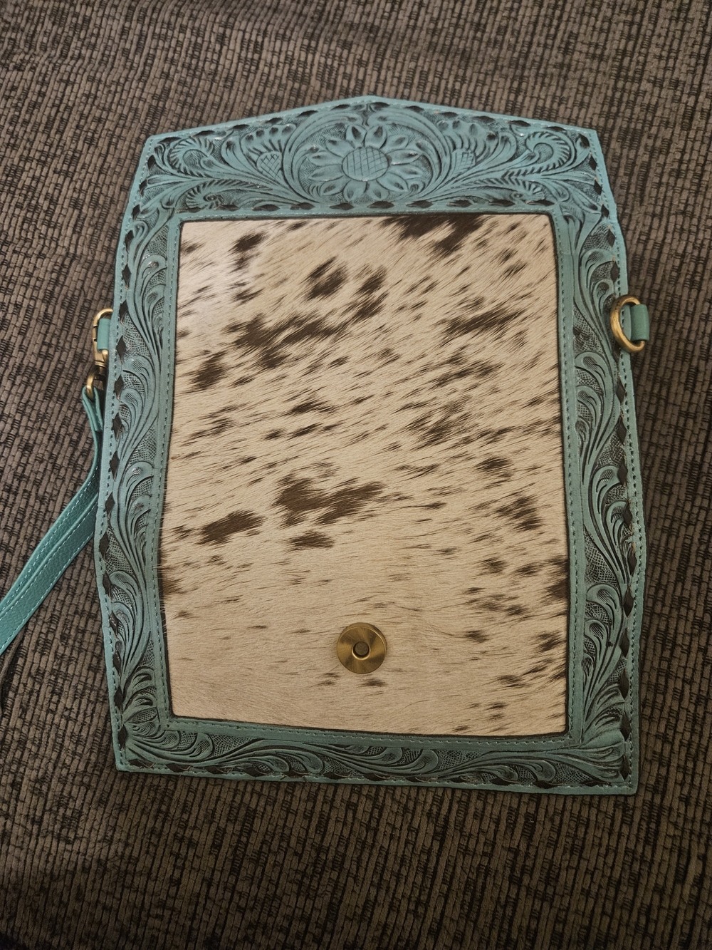 Turquoise Tooled Leather Crossbody Wallet with Cowhide Panel | Hair On Hide